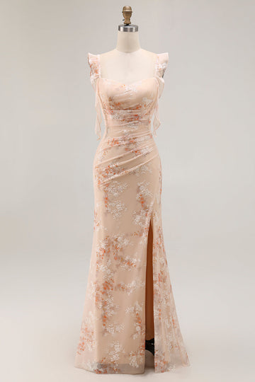 Champagne Blommig Slida Lång Brudtärna Klänning Med Slits